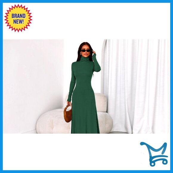 Long Sleeve Turtleneck Maxi Dress Stretchy Knit Slim Fit Formal Chic - Picture 7 of 7